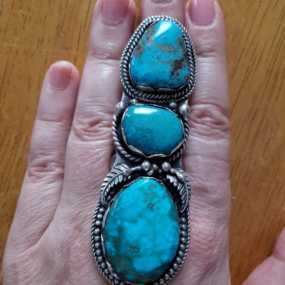 huge genuine turquoise ring 3 stone unmarked - Picture 3 of 8